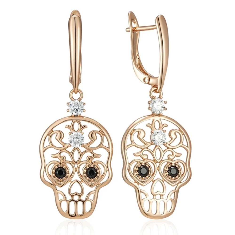 Rose Gold Sugar Skull Natural AAA Zircon Earrings - Picture 5 of 5